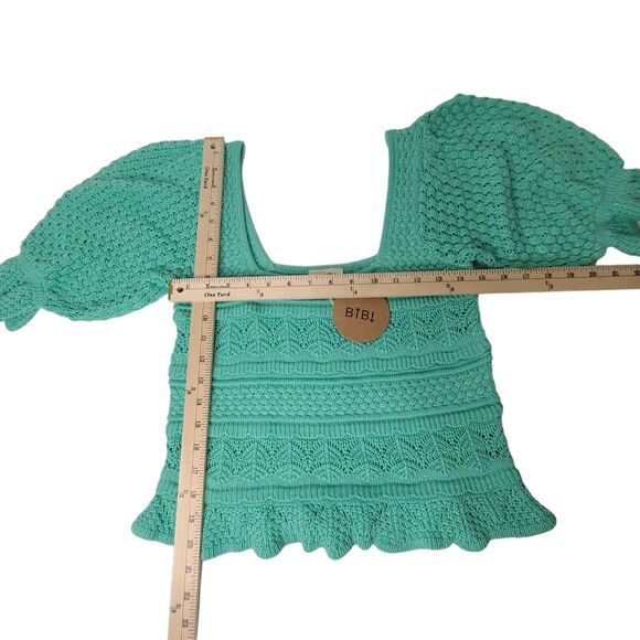 NWT Urban Outfitters Bibi Crochet Sweater Cropped Puff Sleeves SZ Small Green - Picture 6 of 8